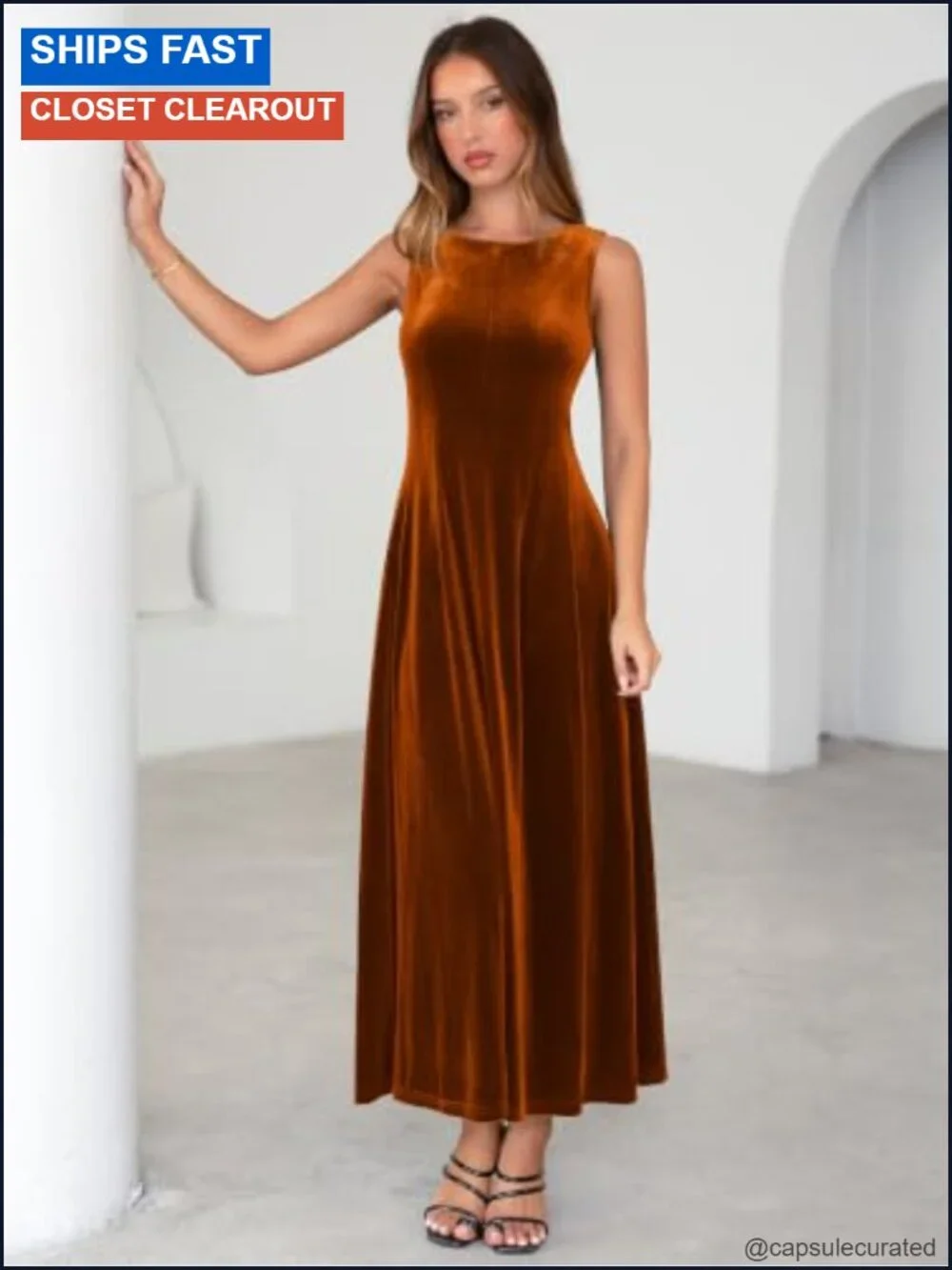 Women's Velvet Sleeveless Crewneck Maxi Wedding Guest Dress